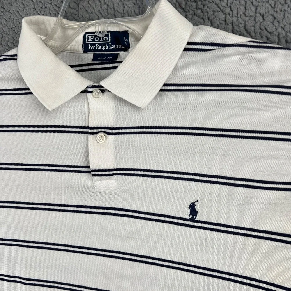 Ralph Lauren Polo Shirt Mens Large White Blue Striped Golf Fit Casual‎ Supima